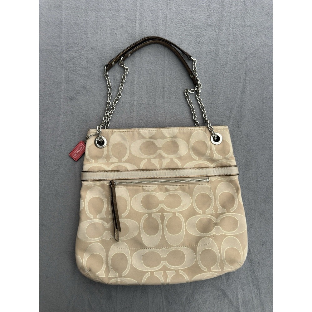 Coach Signature Chain Tote 21161 Khaki Beige Pink Interior Shoulder Bag Purse